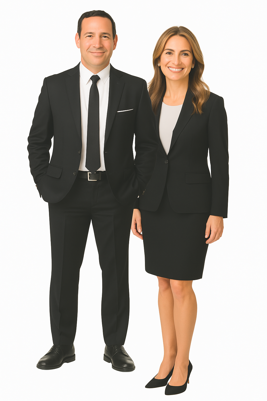 Executive chauffeur team for Stamford CT limo service – professionally dressed male and female drivers standing in front of a luxury black car.
